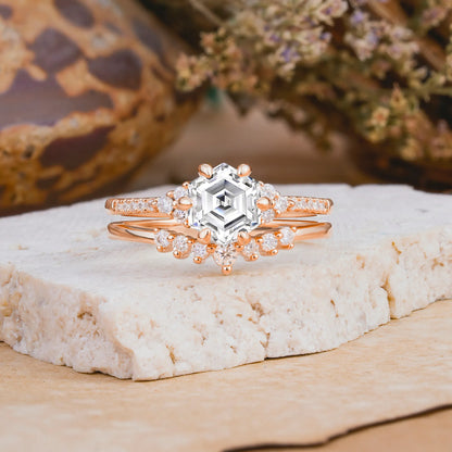 Classic 6-Prong Hexagonal-Cut Lab Diamond Engagement Ring Set