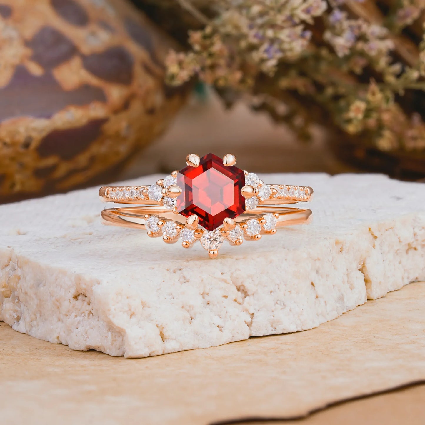 Classic 6-Prong Hexagonal-Cut Garnet Engagement Ring Set