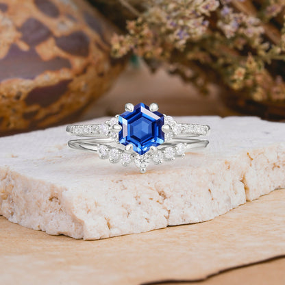 Classic 6-Prong Hexagonal-Cut Sapphire Engagement Ring Set