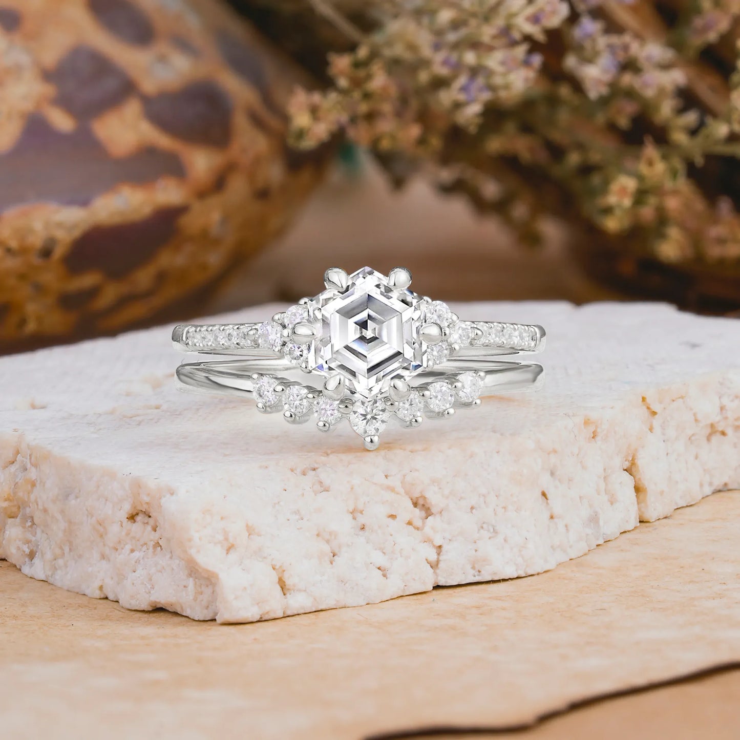 Classic 6-Prong Hexagonal-Cut Lab Diamond Engagement Ring Set