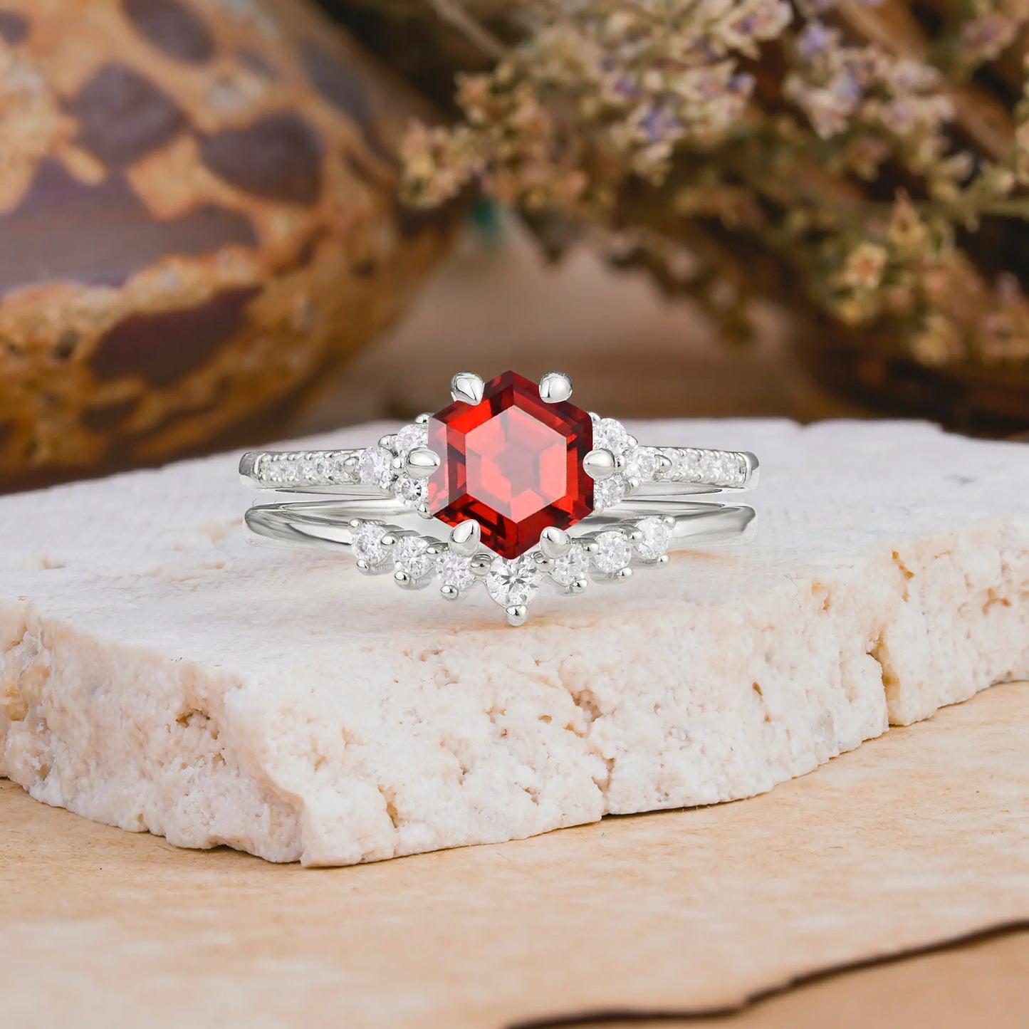 Classic 6-Prong Hexagonal-Cut Garnet Engagement Ring Set