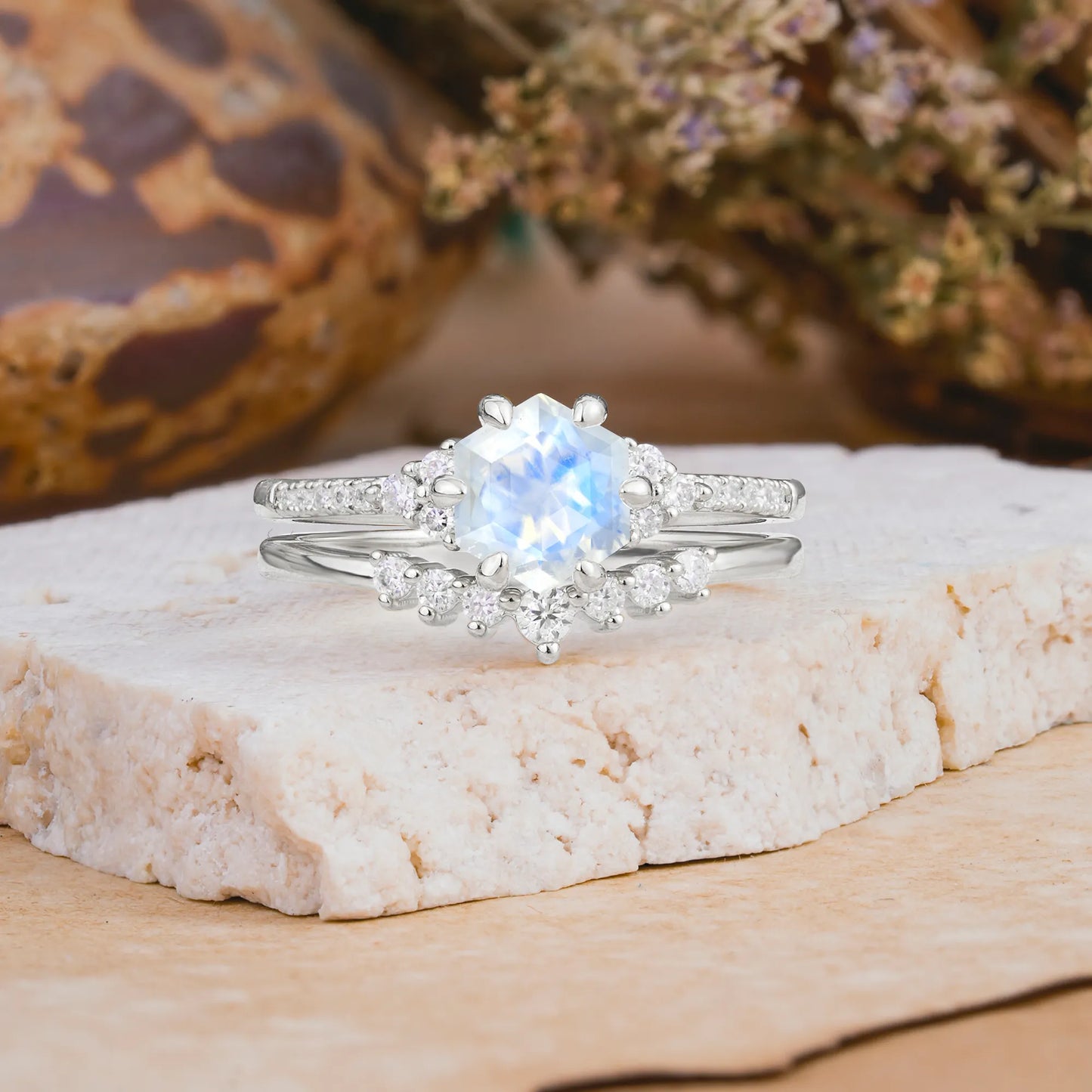 Classic 6-Prong Hexagonal-Cut Moonstone Engagement Ring Set
