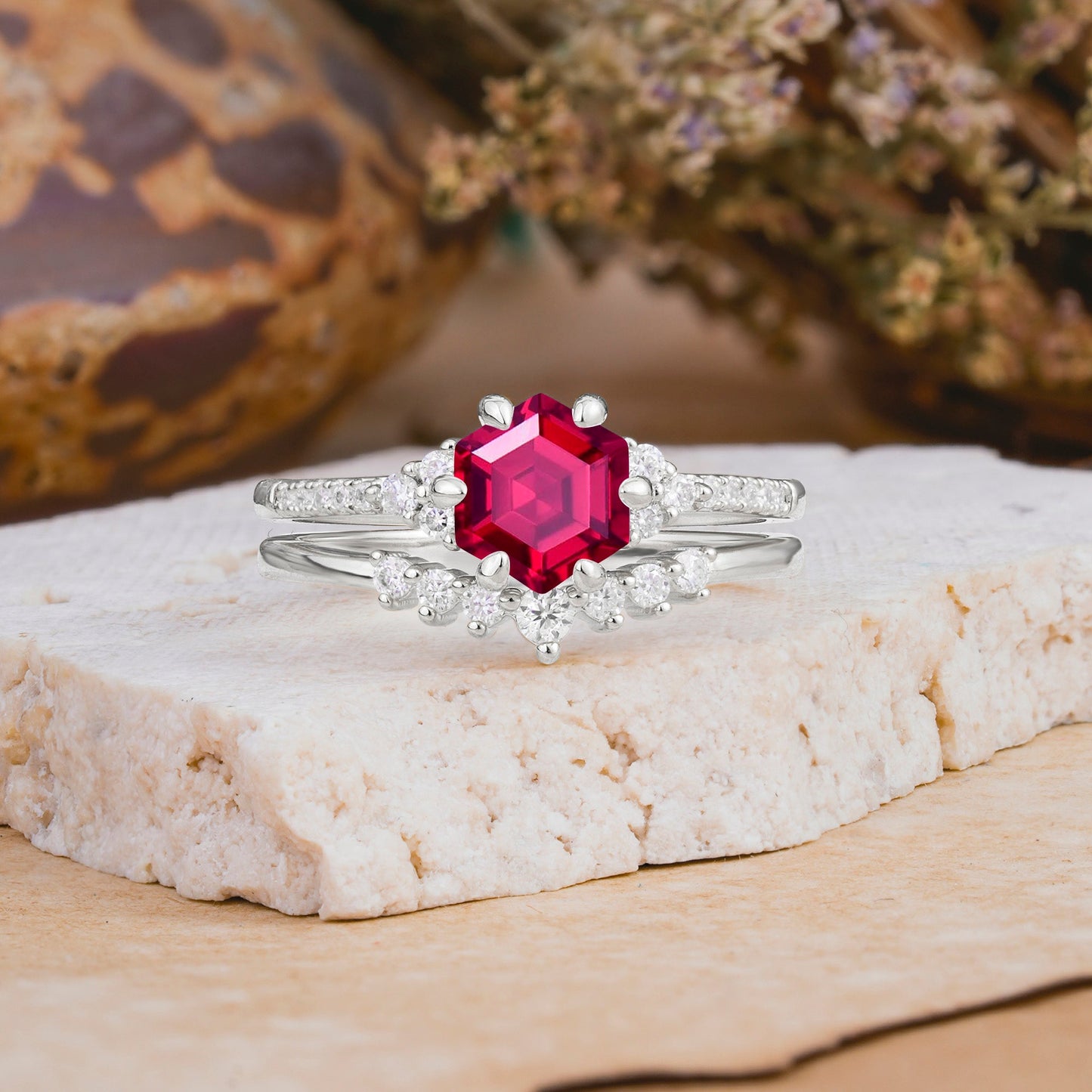 Classic 6-Prong Hexagonal-Cut Ruby Engagement Ring Set