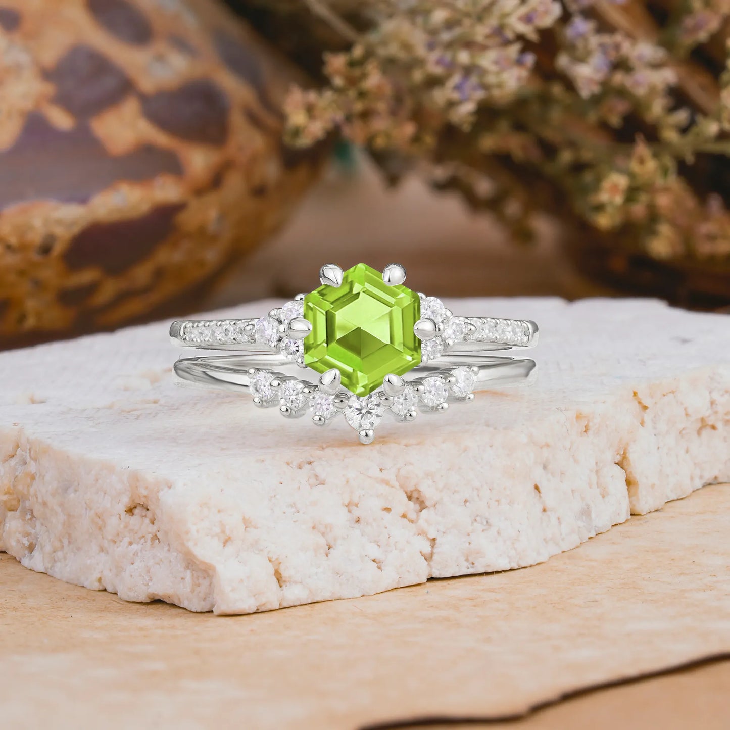Classic 6-Prong Hexagonal-Cut Peridot Engagement Ring Set