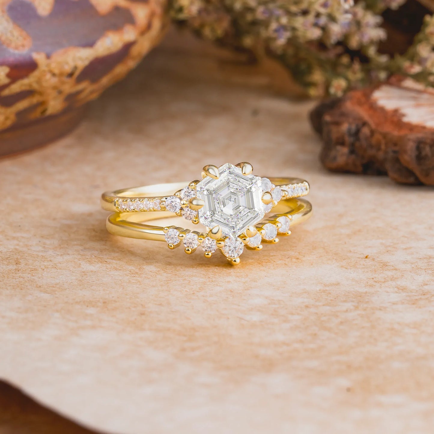 Classic 6-Prong Hexagonal-Cut Moissanite Engagement Ring Set
