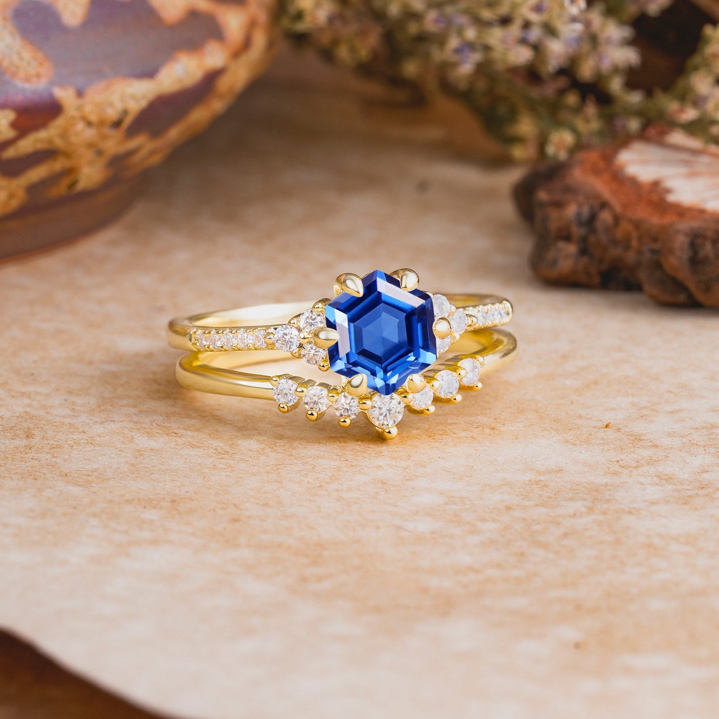 Classic 6-Prong Hexagonal-Cut Sapphire Engagement Ring Set