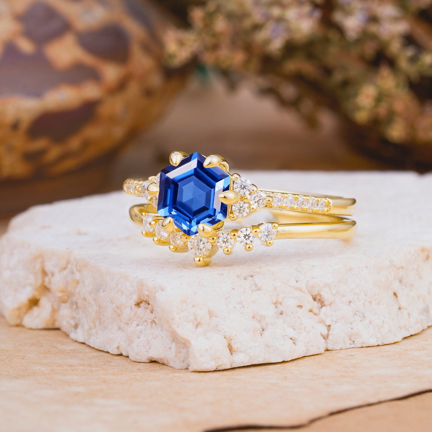 Classic 6-Prong Hexagonal-Cut Sapphire Engagement Ring Set