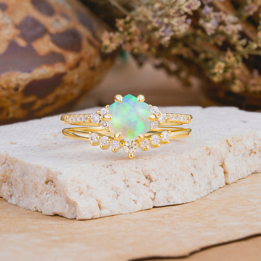Classic 6-Prong Hexagonal-Cut Opal Bridal Ring Set