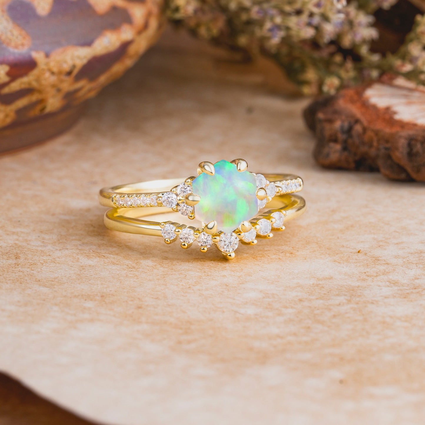 Classic 6-Prong Hexagonal-Cut Opal Bridal Ring Set