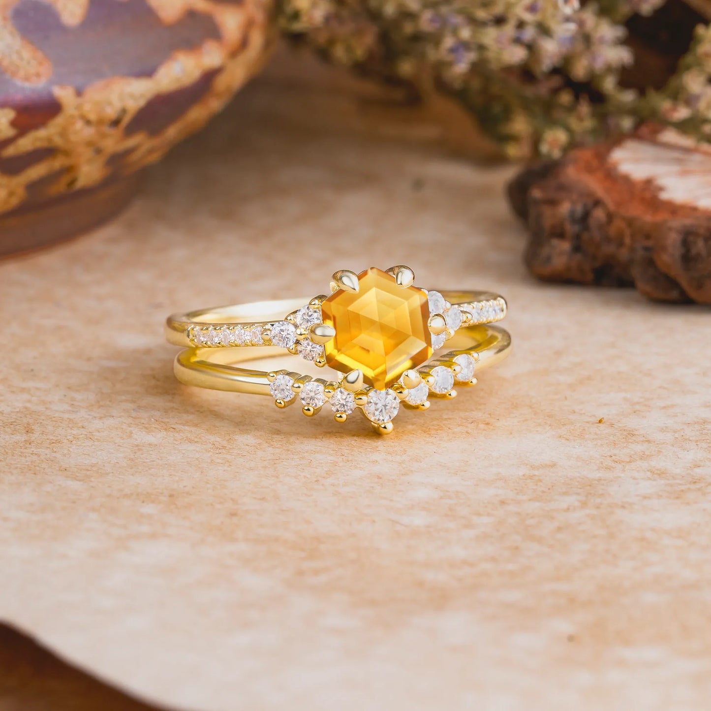 Classic 6-Prong Hexagonal-Cut Citrine Engagement Ring Set
