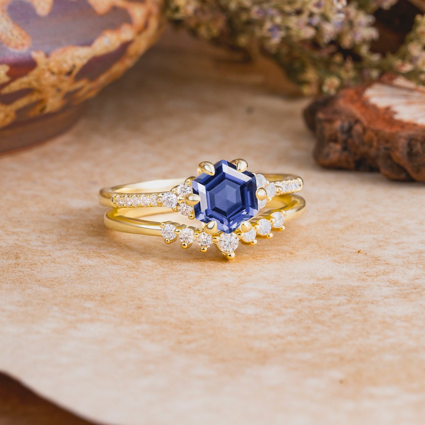 Classic 6-Prong Hexagonal-Cut Tanzanite Engagement Ring Set