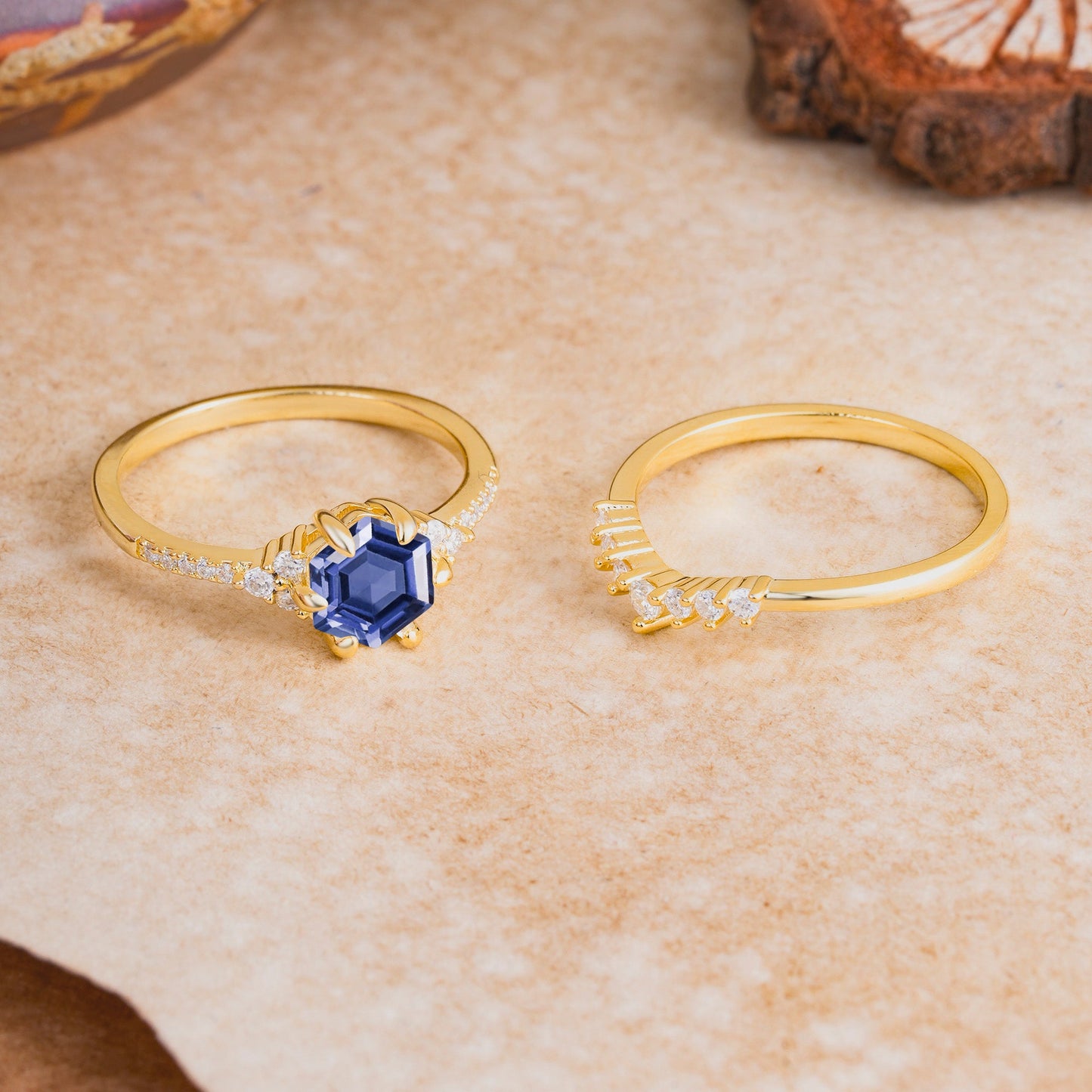 Classic 6-Prong Hexagonal-Cut Tanzanite Engagement Ring Set