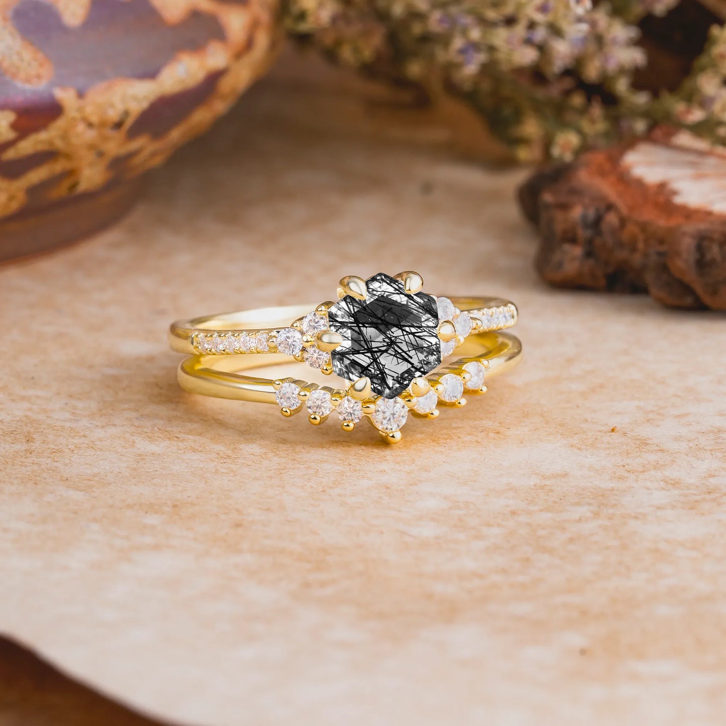 Classic 6-Prong Hexagonal-Cut Black Rutilated Quartz Engagement Ring Set