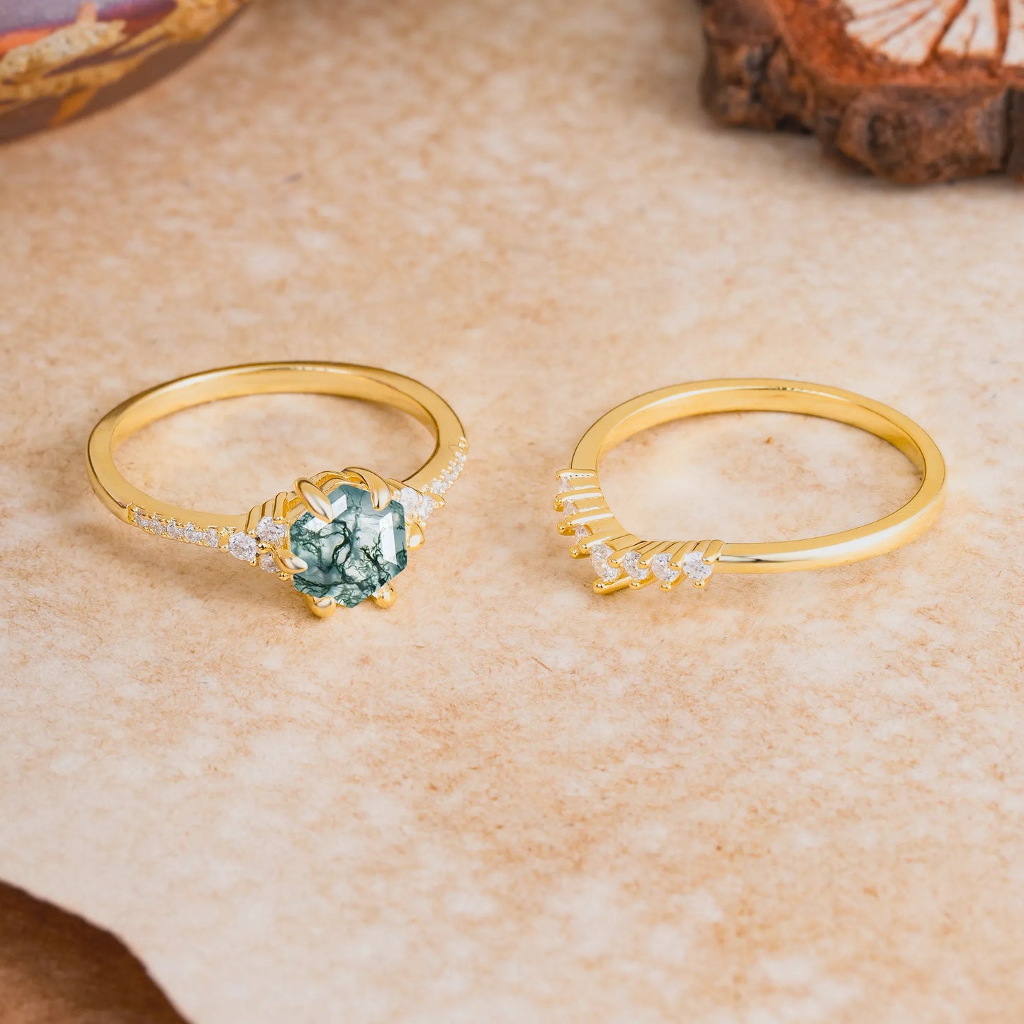 Classic 6-Prong Hexagonal-Cut Moss Agate Engagement Ring Set