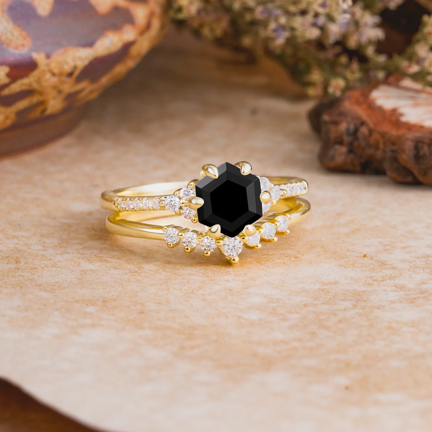 Classic 6-Prong Hexagonal-Cut Black Onyx Engagement Ring Set