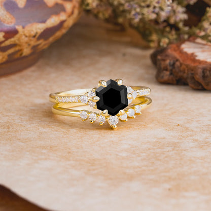 Classic 6-Prong Hexagonal-Cut Black Onyx Engagement Ring Set