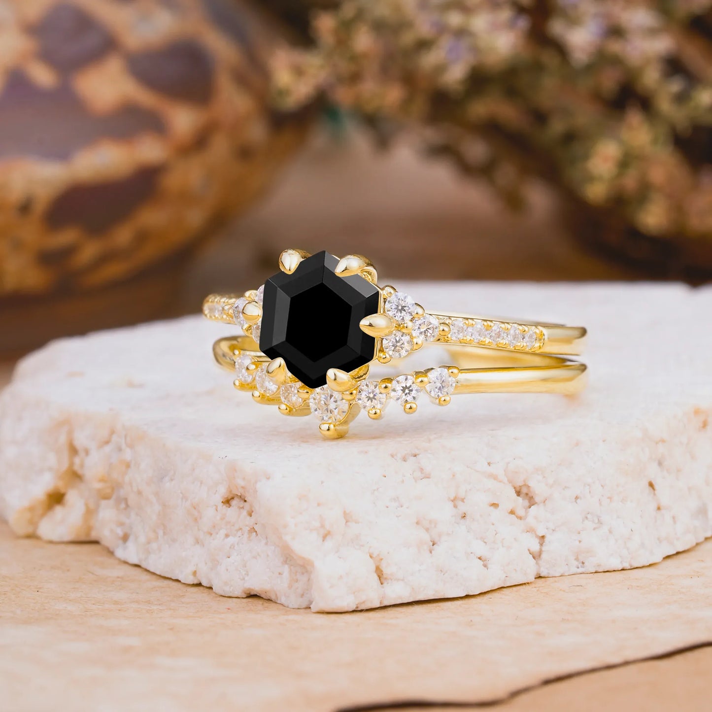Classic 6-Prong Hexagonal-Cut Black Onyx Engagement Ring Set