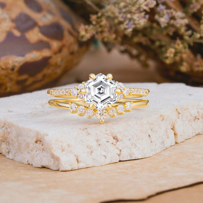 Classic 6-Prong Hexagonal-Cut Lab Diamond Engagement Ring Set