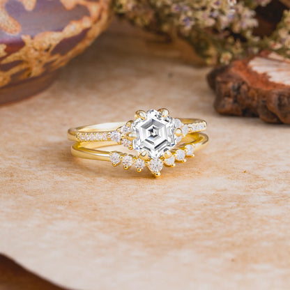 Classic 6-Prong Hexagonal-Cut Lab Diamond Engagement Ring Set