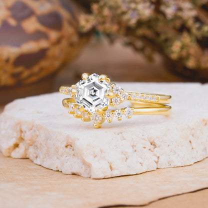 Classic 6-Prong Hexagonal-Cut Lab Diamond Engagement Ring Set