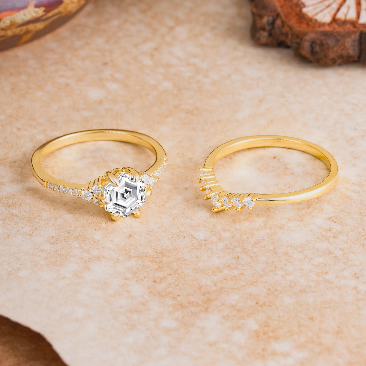 Classic 6-Prong Hexagonal-Cut Lab Diamond Engagement Ring Set