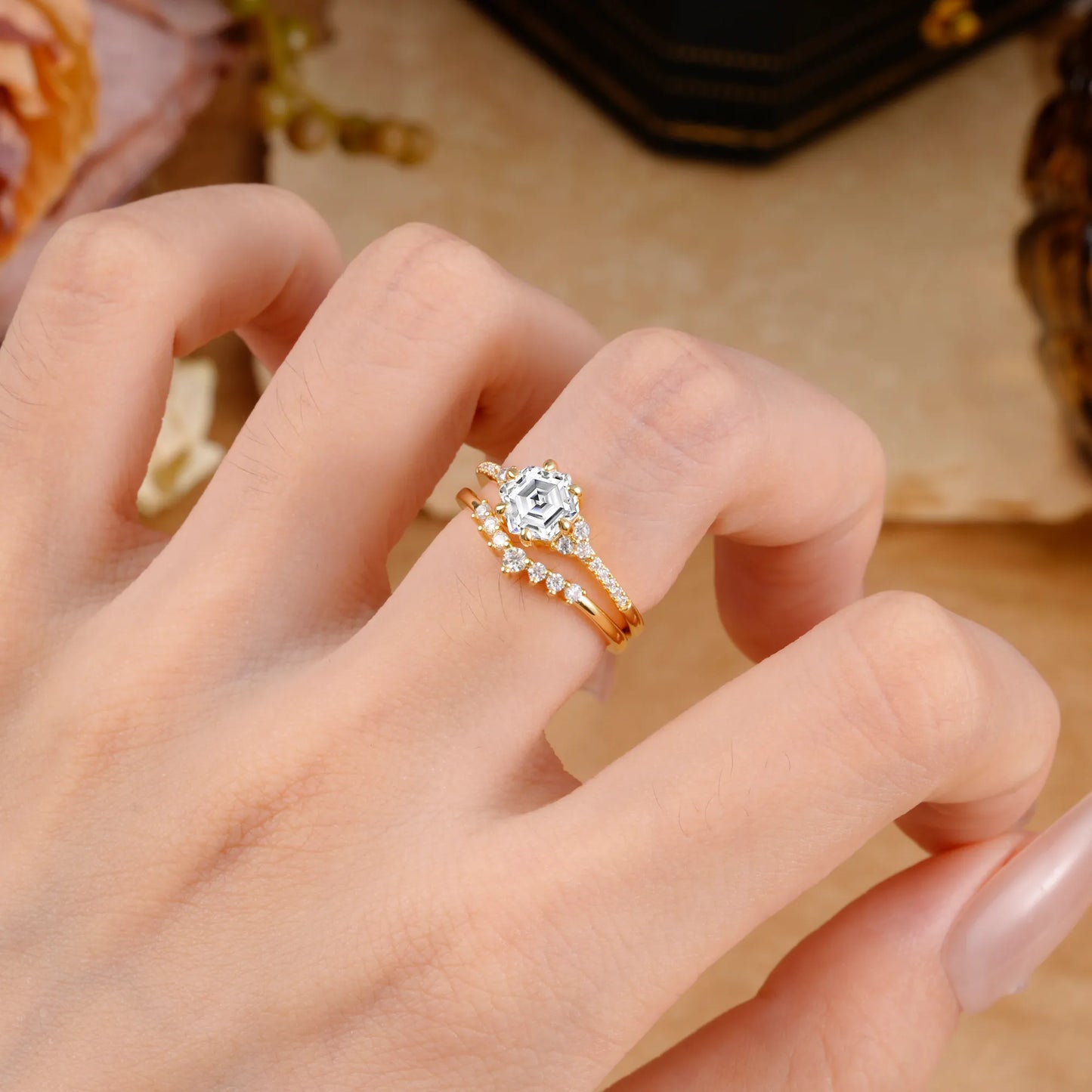 Classic 6-Prong Hexagonal-Cut Lab Diamond Engagement Ring Set