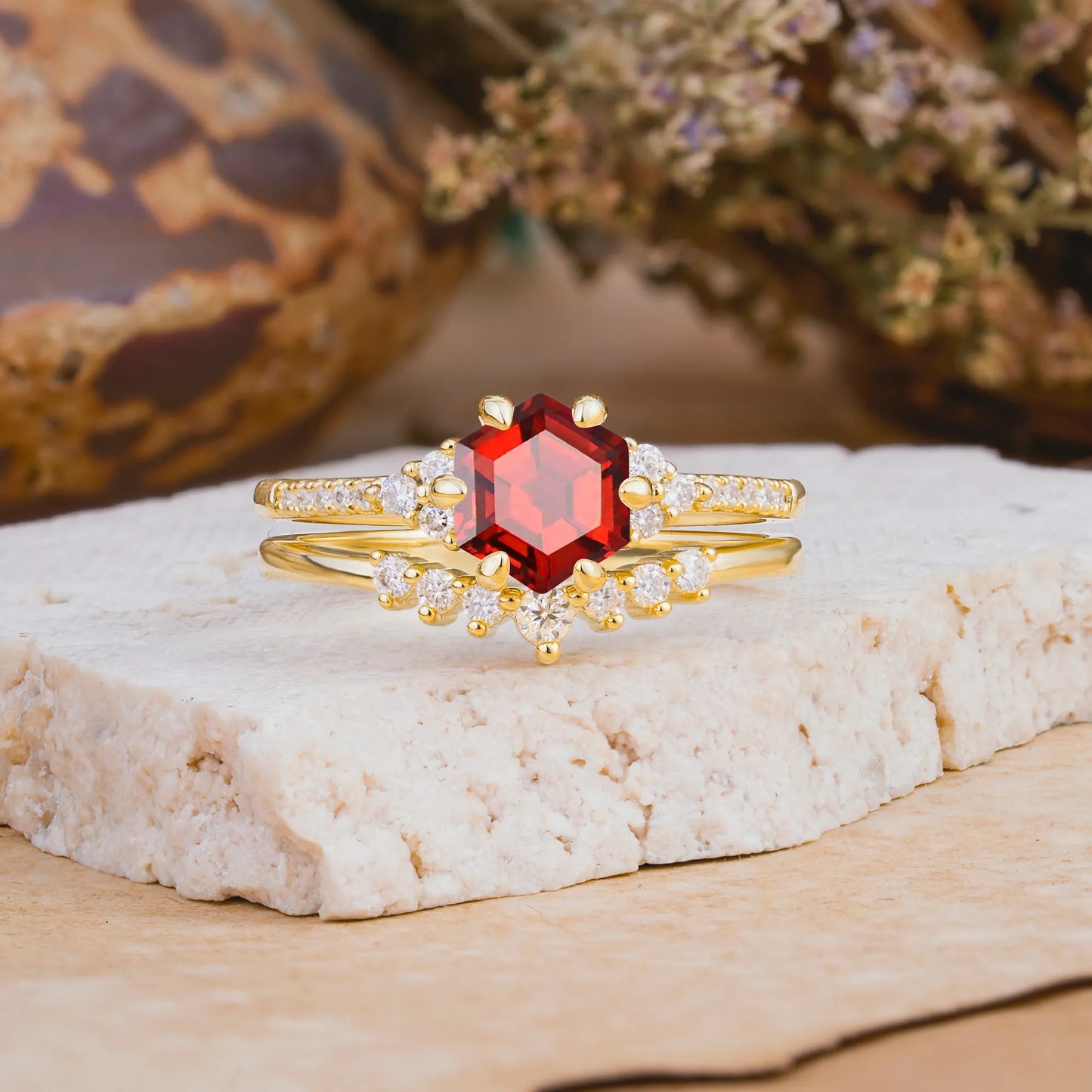Classic 6-Prong Hexagonal-Cut Garnet Engagement Ring Set