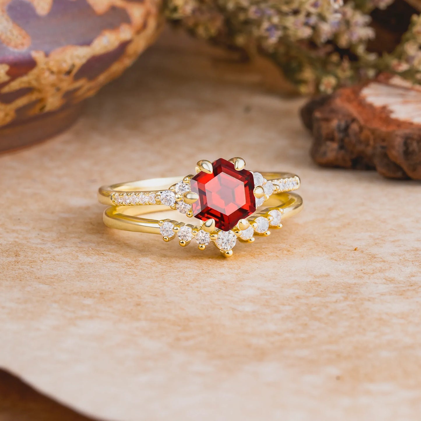 Classic 6-Prong Hexagonal-Cut Garnet Engagement Ring Set