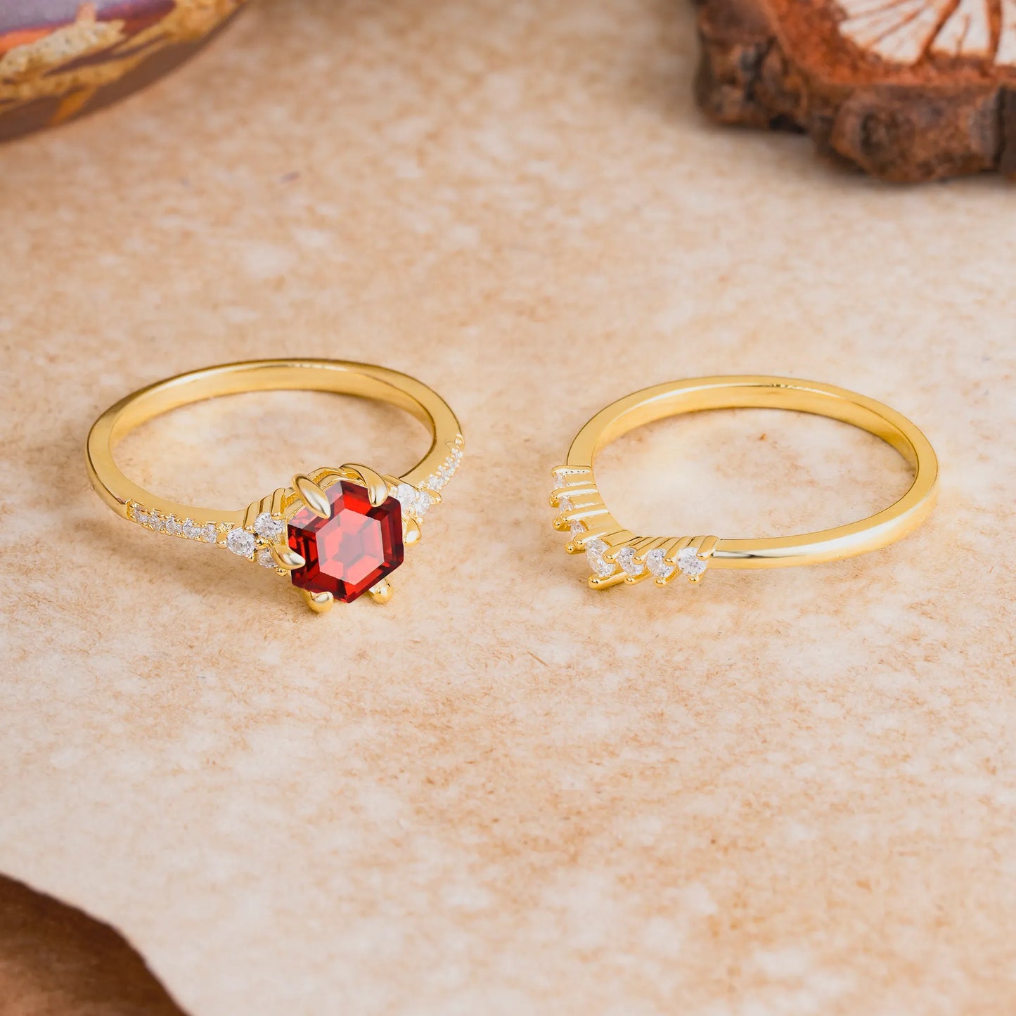 Classic 6-Prong Hexagonal-Cut Garnet Engagement Ring Set
