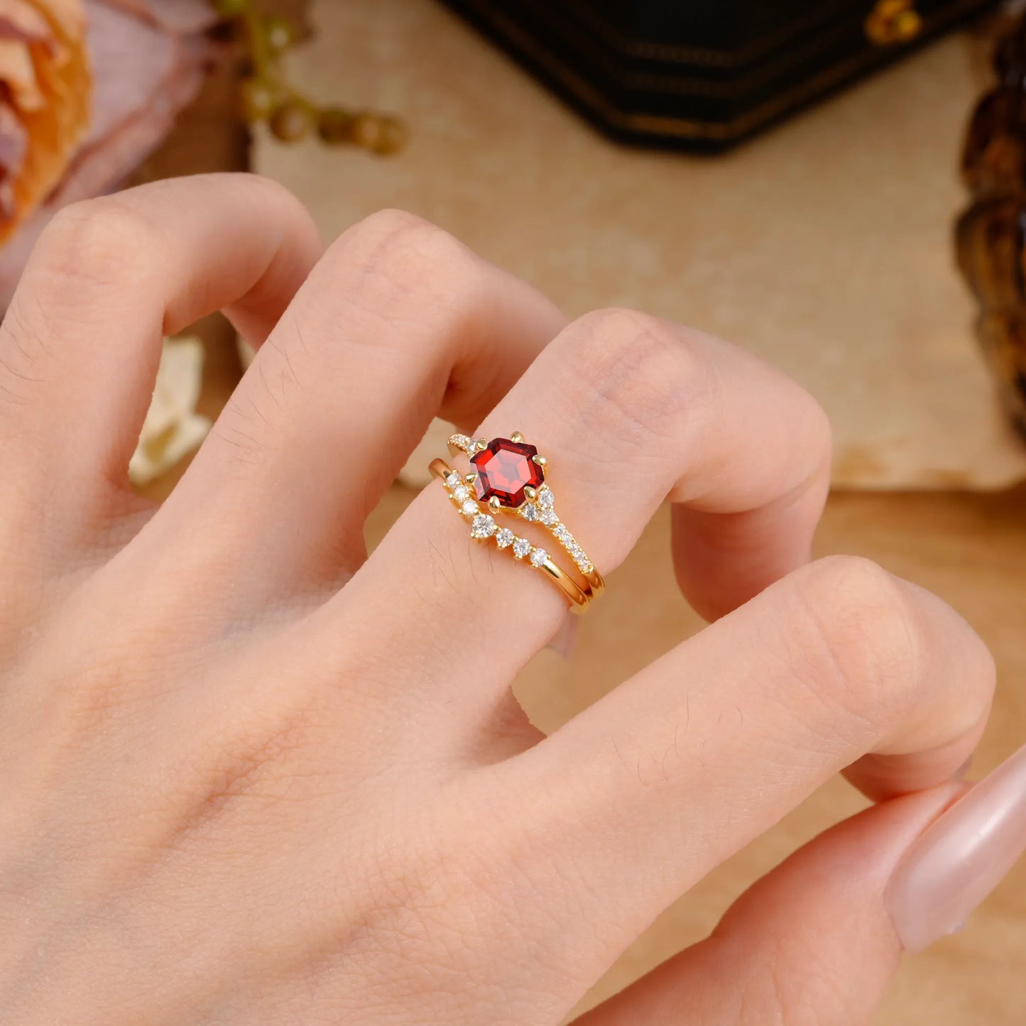 Classic 6-Prong Hexagonal-Cut Garnet Engagement Ring Set