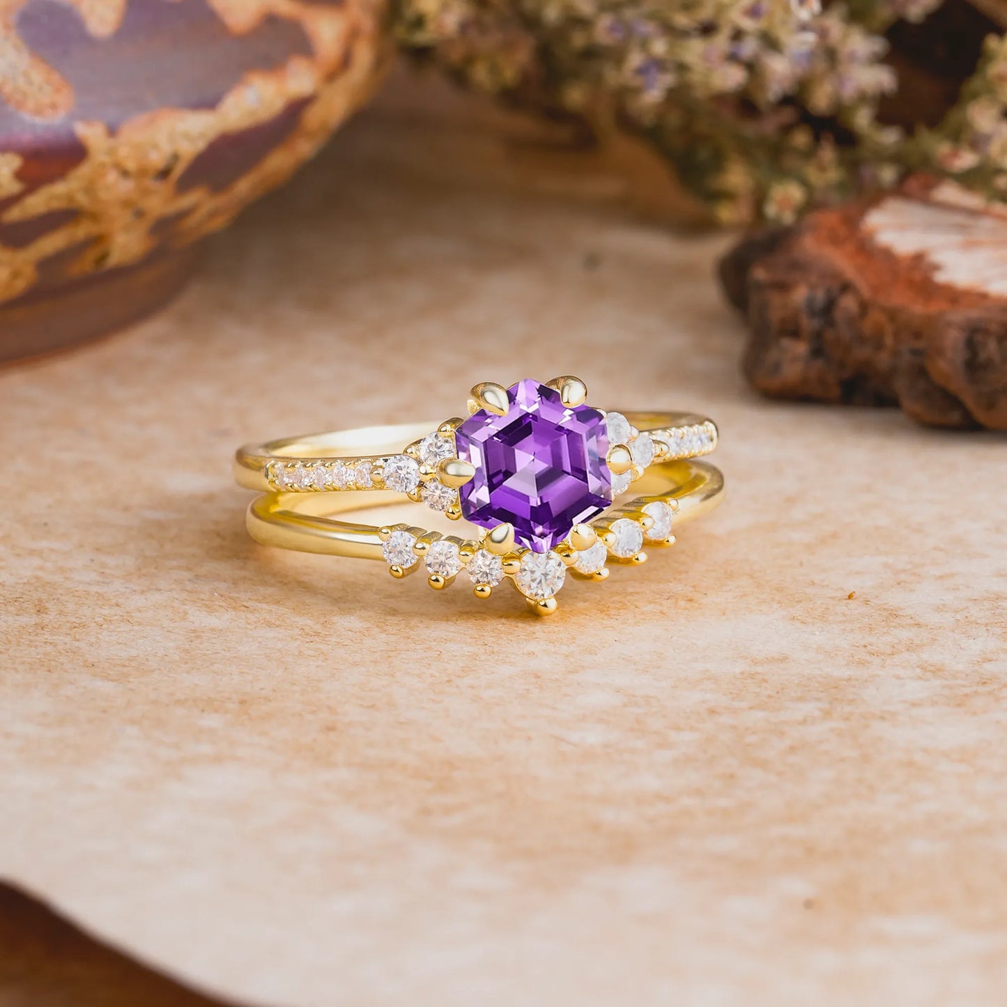 Classic 6-Prong Hexagonal-Cut Amethyst Engagement Ring Set