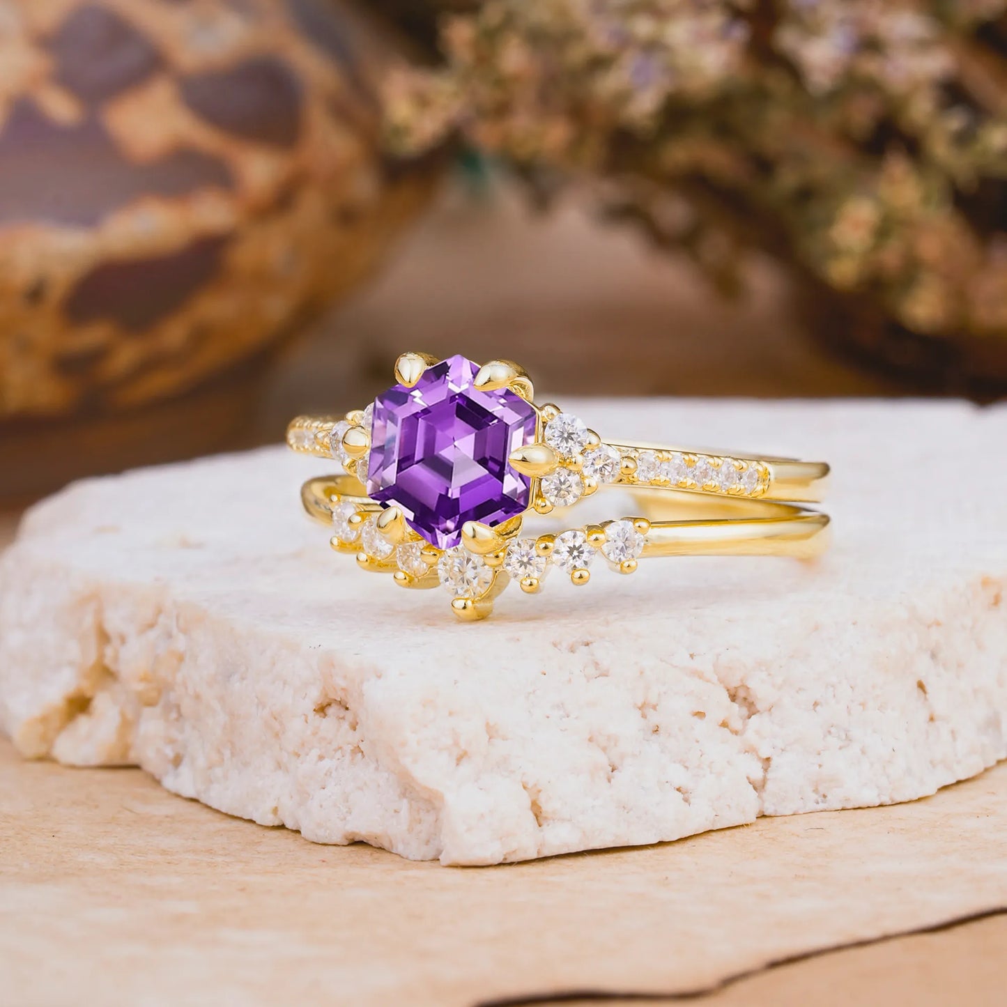 Classic 6-Prong Hexagonal-Cut Amethyst Engagement Ring Set