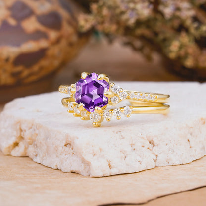 Classic 6-Prong Hexagonal-Cut Amethyst Engagement Ring Set