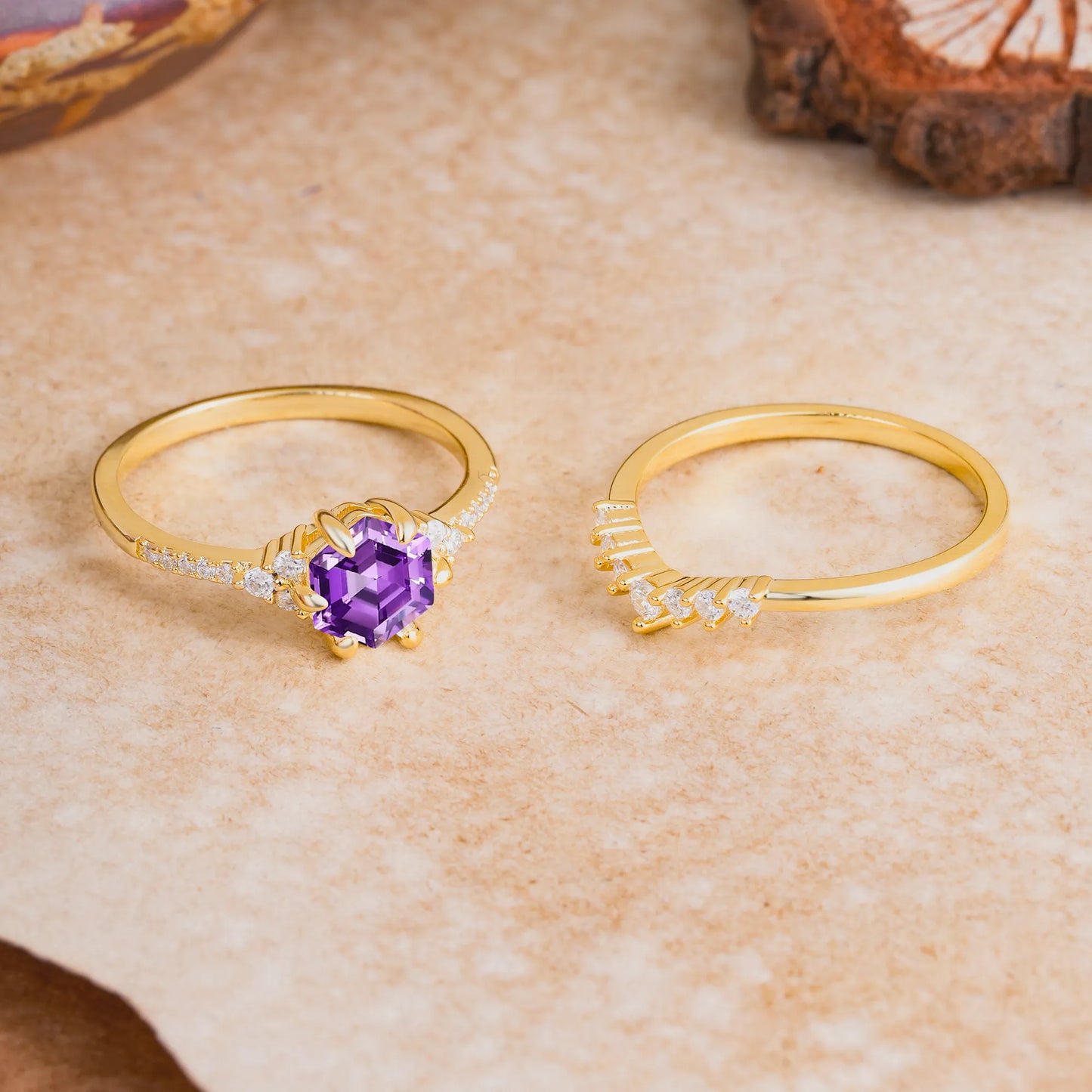 Classic 6-Prong Hexagonal-Cut Amethyst Engagement Ring Set