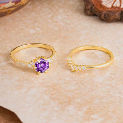 Classic 6-Prong Hexagonal-Cut Amethyst Engagement Ring Set