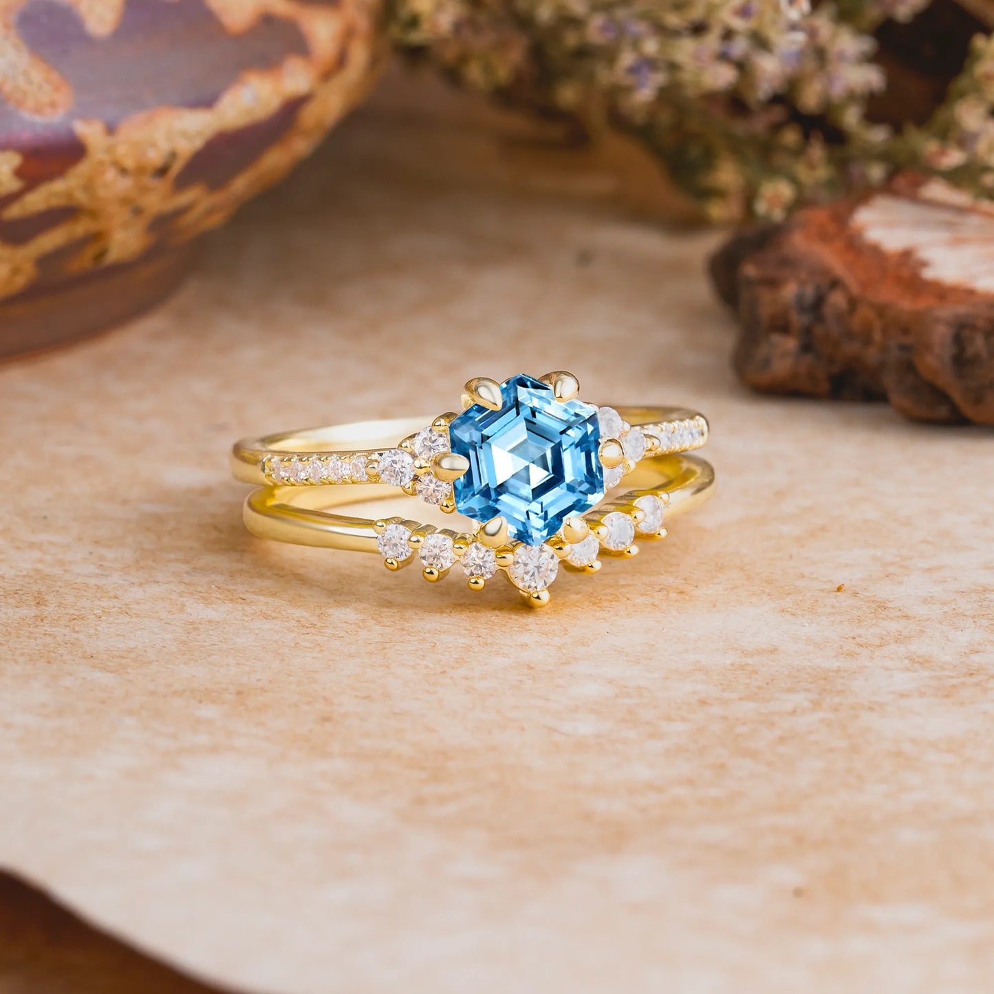 Classic 6-Prong Hexagonal-Cut Aquamarine Engagement Ring Set