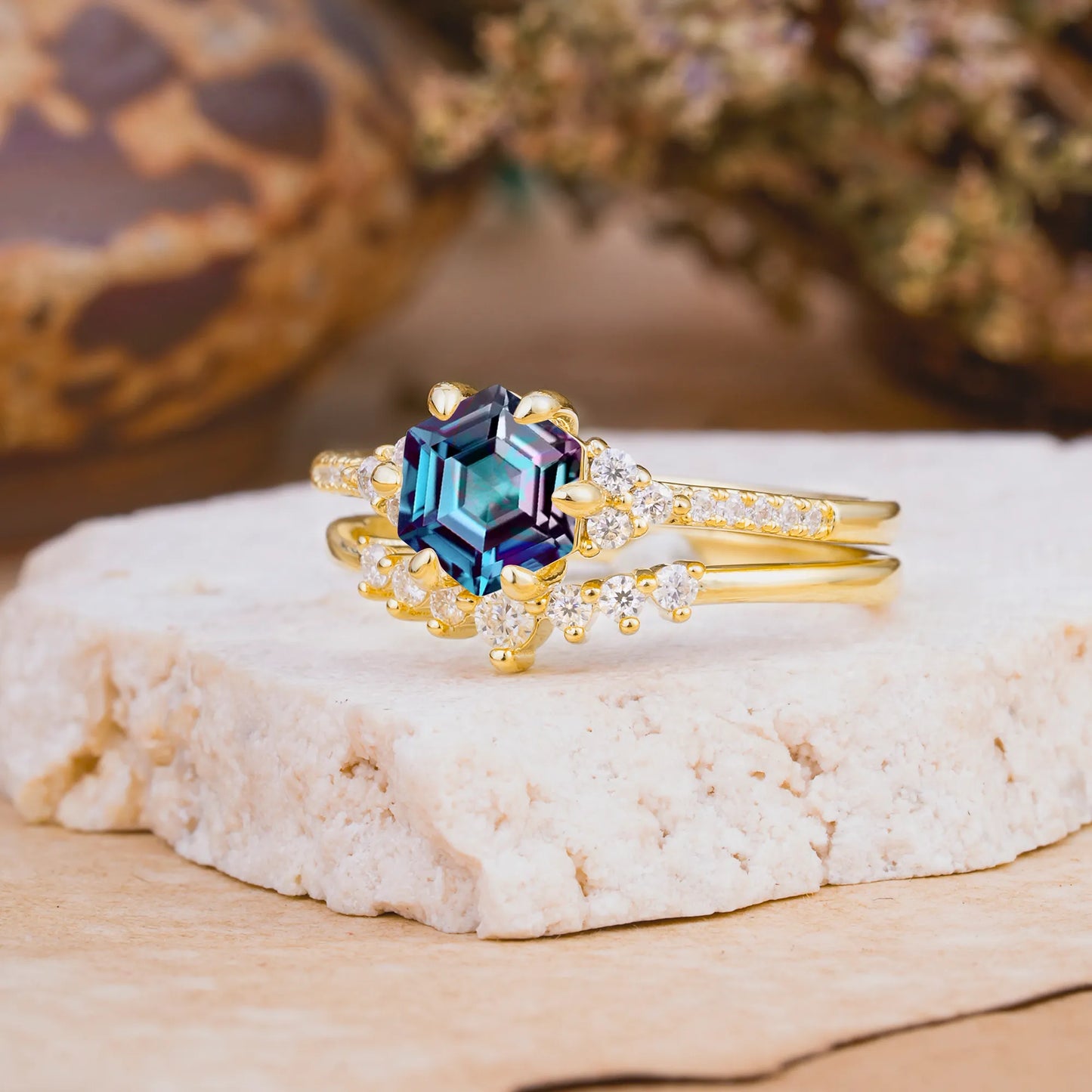 Classic 6-Prong Hexagonal-Cut Alexandrite Engagement Ring Set