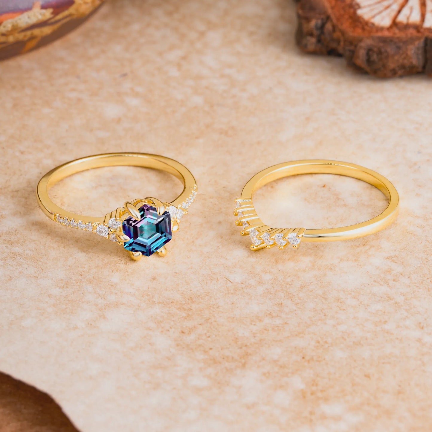 Classic 6-Prong Hexagonal-Cut Alexandrite Engagement Ring Set