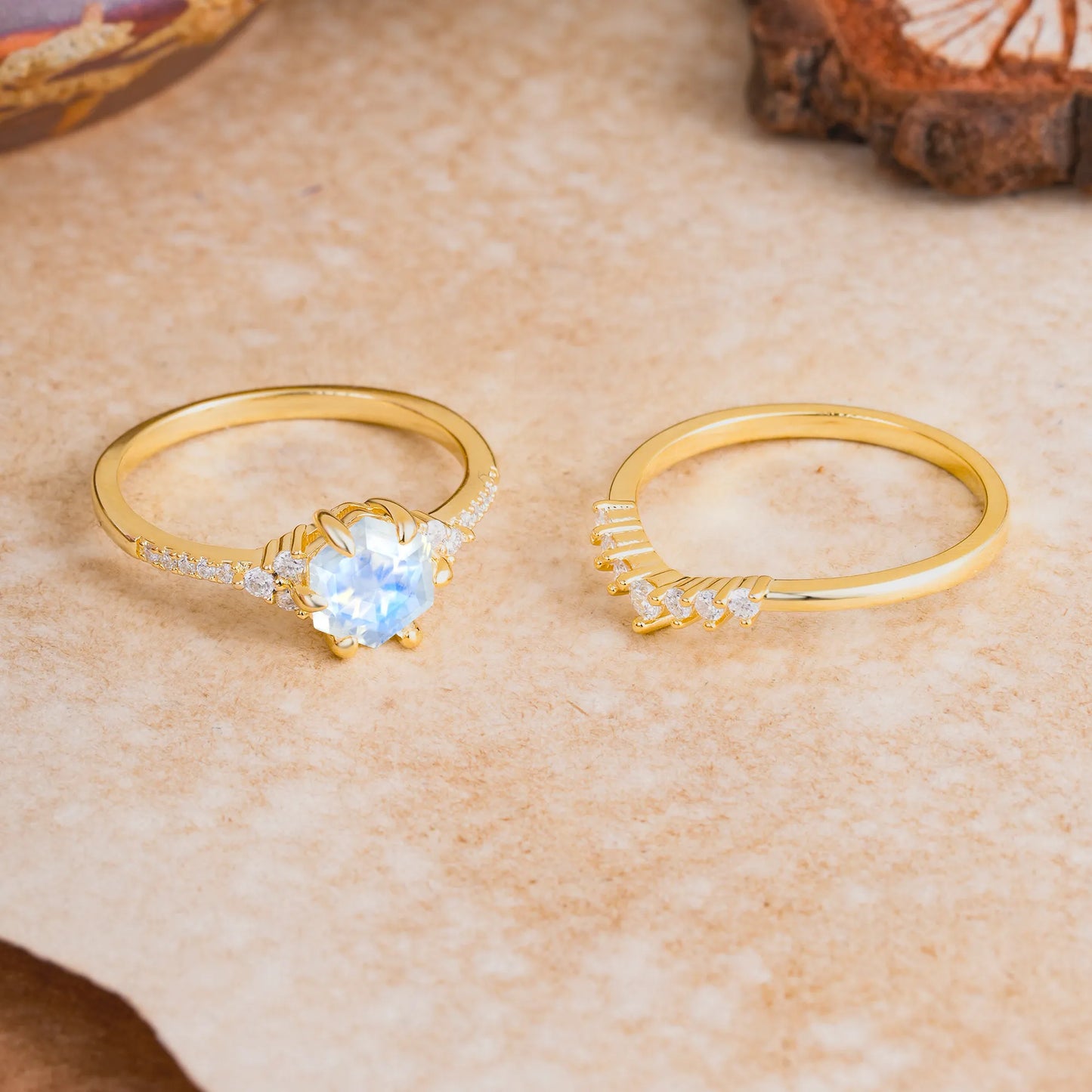 Classic 6-Prong Hexagonal-Cut Moonstone Engagement Ring Set