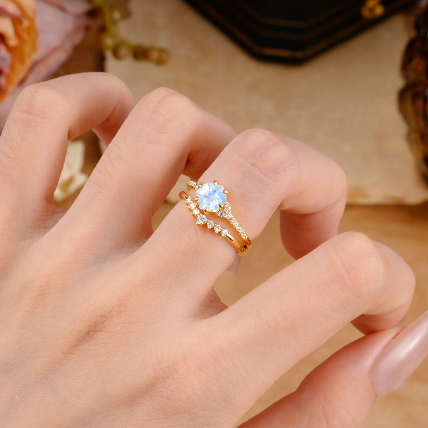 Classic 6-Prong Hexagonal-Cut Moonstone Engagement Ring Set
