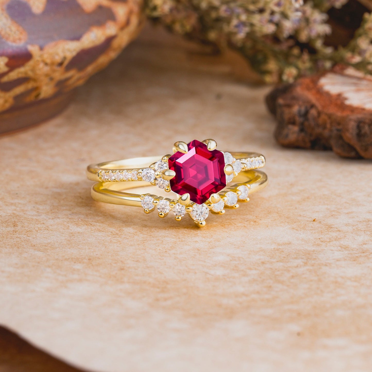 Classic 6-Prong Hexagonal-Cut Ruby Engagement Ring Set