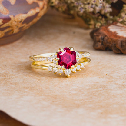 Classic 6-Prong Hexagonal-Cut Ruby Engagement Ring Set
