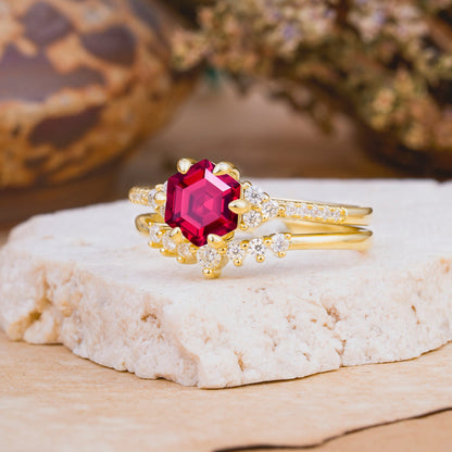 Classic 6-Prong Hexagonal-Cut Ruby Engagement Ring Set