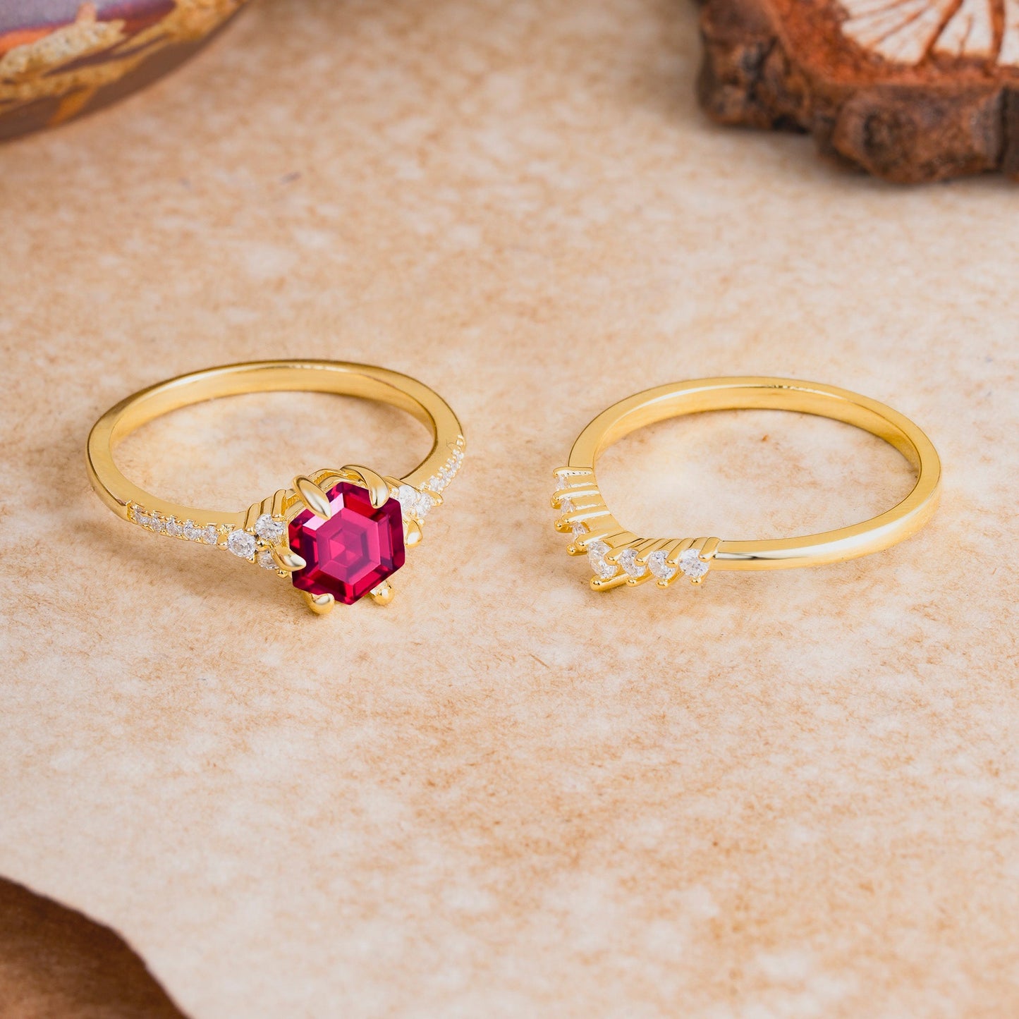 Classic 6-Prong Hexagonal-Cut Ruby Engagement Ring Set