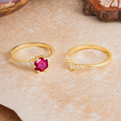 Classic 6-Prong Hexagonal-Cut Ruby Engagement Ring Set