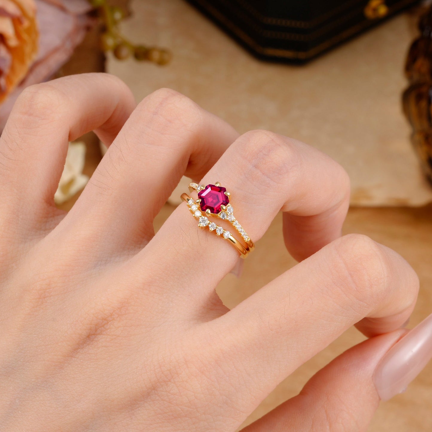 Classic 6-Prong Hexagonal-Cut Ruby Engagement Ring Set