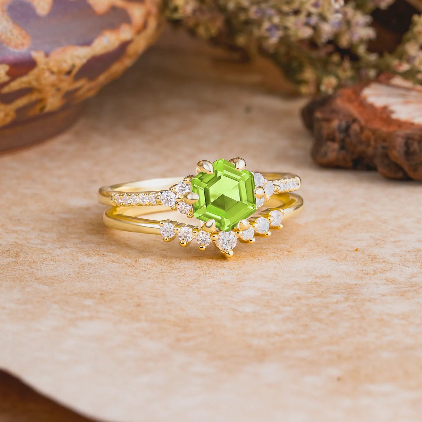 Classic 6-Prong Hexagonal-Cut Peridot Engagement Ring Set