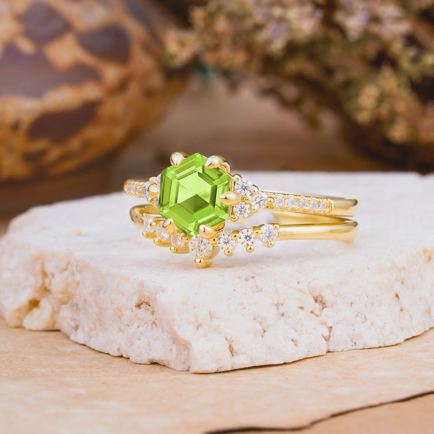 Classic 6-Prong Hexagonal-Cut Peridot Engagement Ring Set