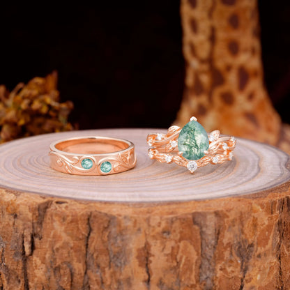Luxury Retro 3-Prong Moss Agate Promise Rings for Couples