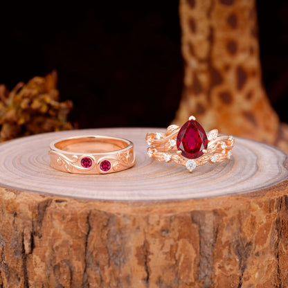 Luxury Retro 3-Prong Ruby Promise Rings for Couples